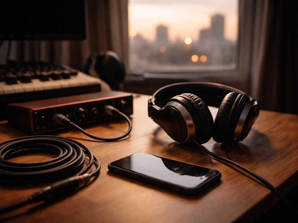 Minimal studio desk scene symbolizing a music producer’s estimated net worth and income streams