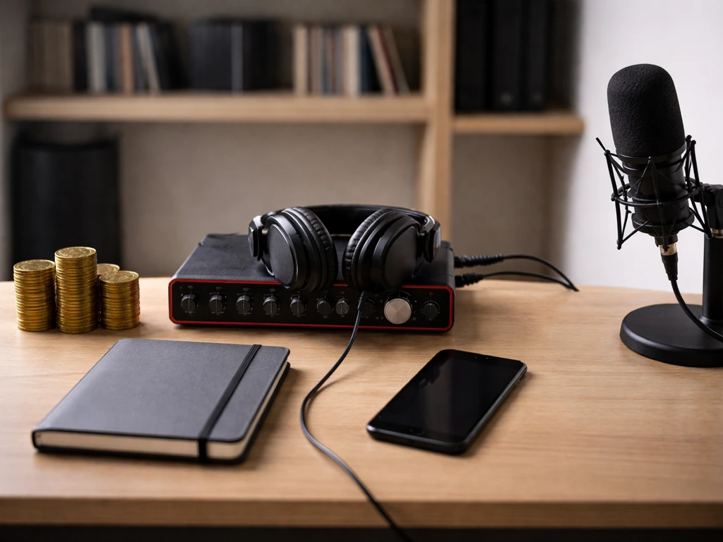 Minimal studio desk scene with headphones, microphone, coins, and a phone screen for “producer ID” cues.