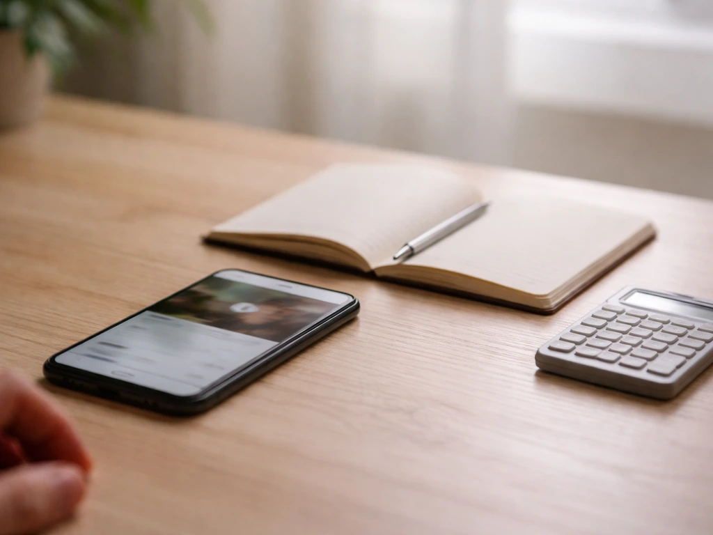 Minimal photo of a studio desk with a smartphone displaying a muted video thumbnail and a notepad