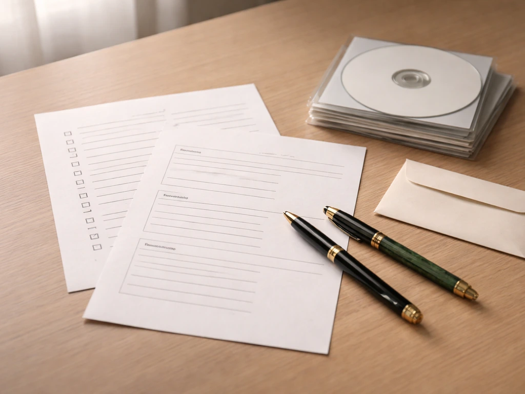 Minimal desk flat-lay with blank songwriter credits-style papers and pens, suggesting royalties workflow.
