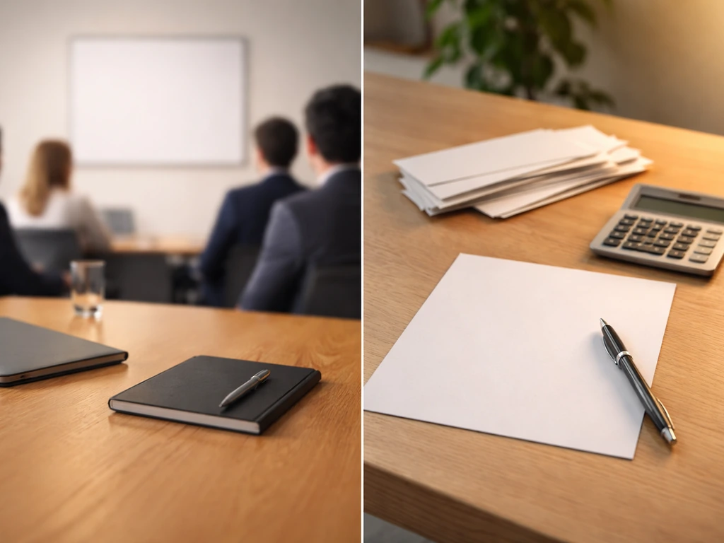 Split-screen: blurred business meeting setting and a neutral assets-vs-liabilities accounting desk with blank papers