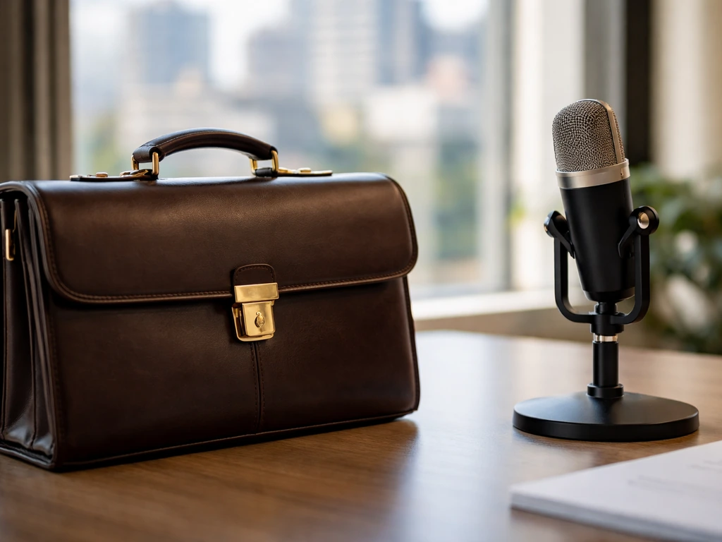 Minimal office desk with a microphone and briefcase, suggesting ambiguous BNI meanings