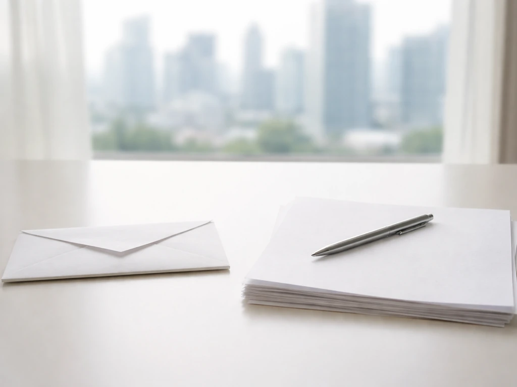 Minimal office desk with a small envelope and blurred city skyline, suggesting a credible value range