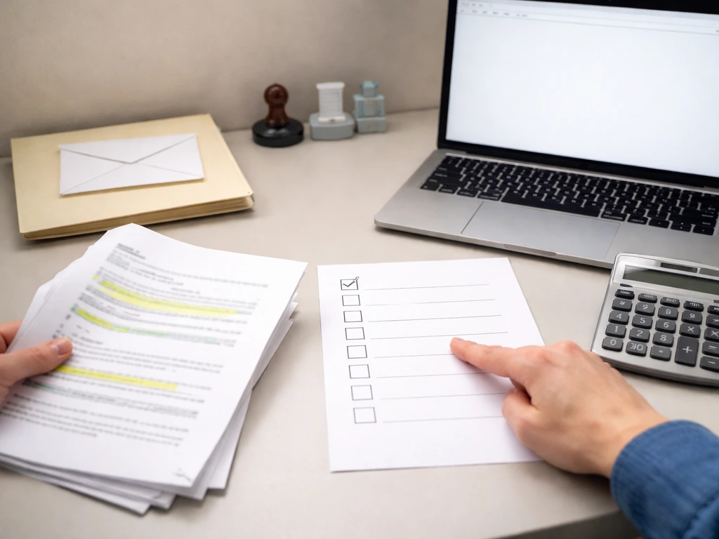 Close-up of hands reviewing documents with a calculator and checklist, beside a laptop open to source research.