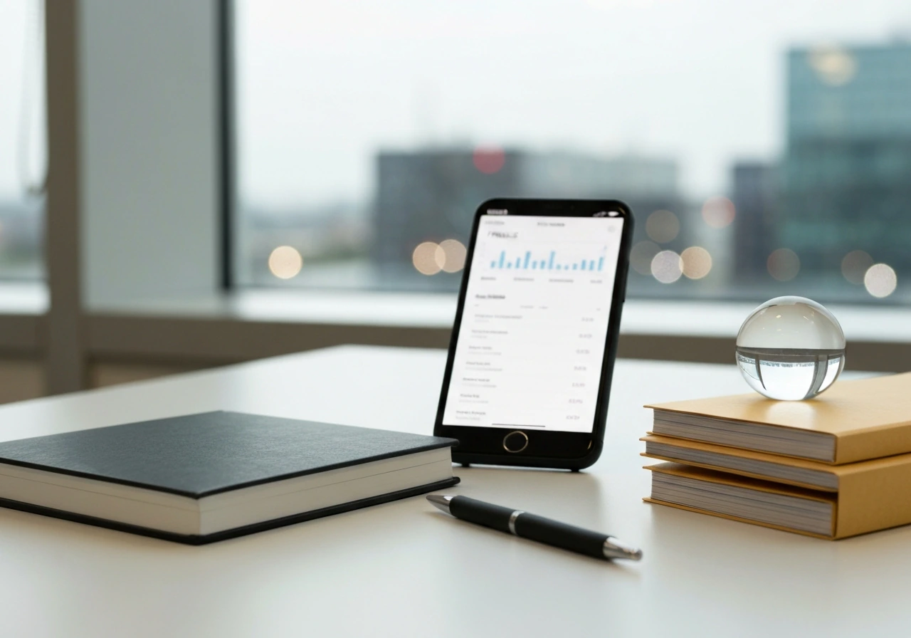 Minimal business desk with a phone and files symbolizing net worth range, no text.
