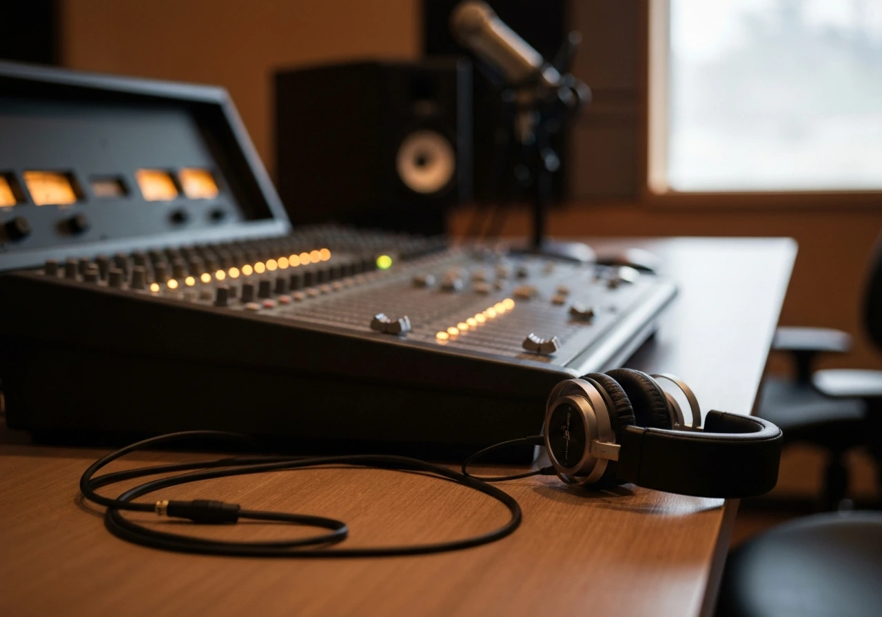 Minimal recording studio scene with mixing console and headphones, warm lights glowing, no people.