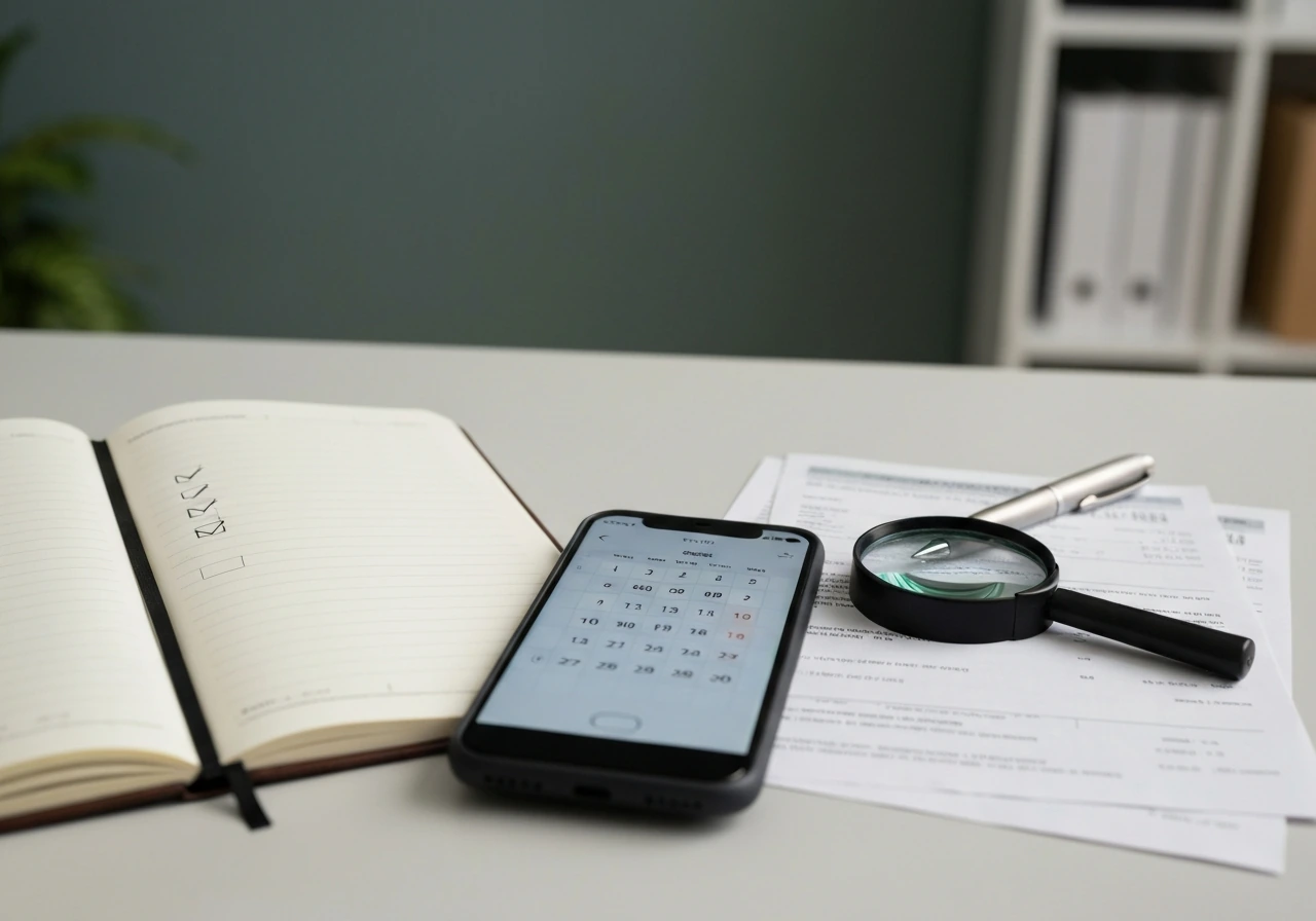 Minimal desk scene with documents, magnifying glass, and a blank checklist to suggest verifying sources.