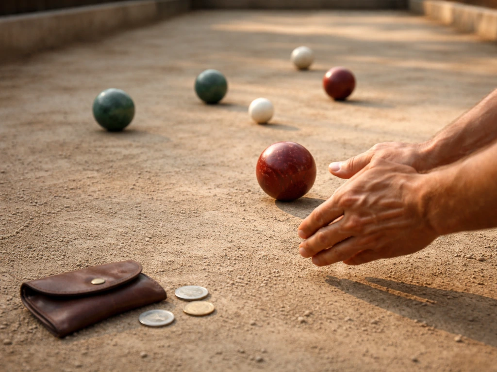 Hands setting up bocce balls on a court near a small coin pouch for net-worth theme