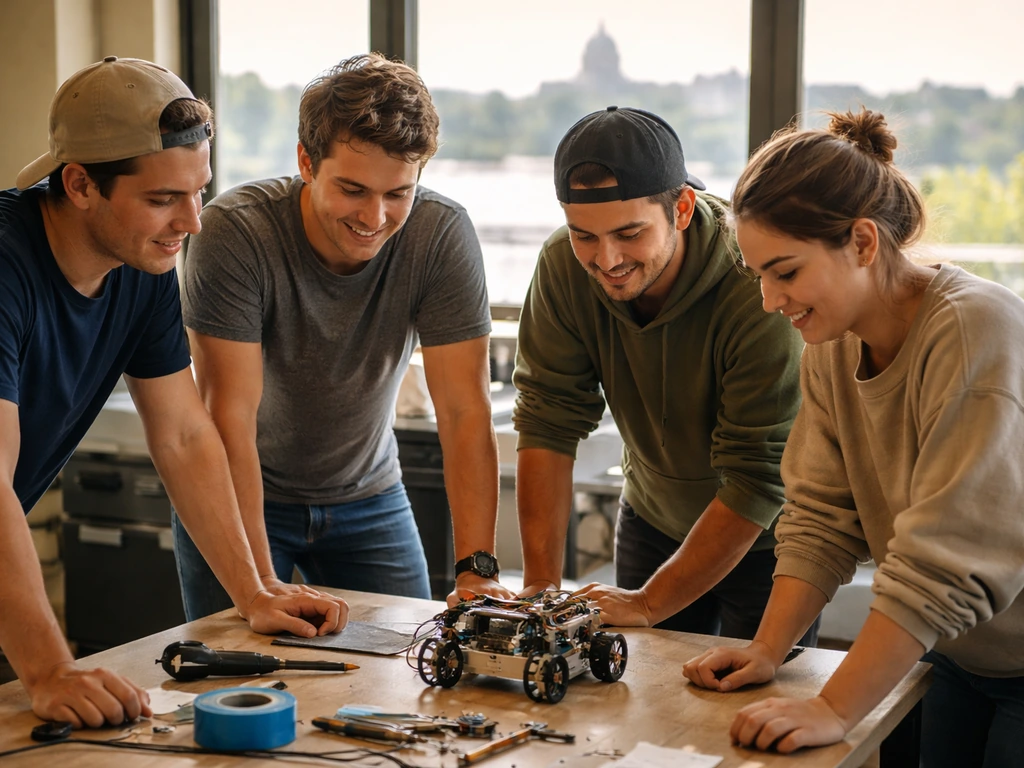 Four anonymous founders in a Madison workspace huddle around prototype parts after a 48-hour competition.