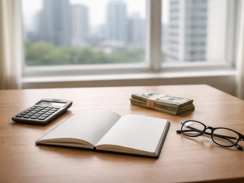 Minimal office desk with a calculator, folded cash, and a financial notebook symbolizing a net-worth estimate breakdown