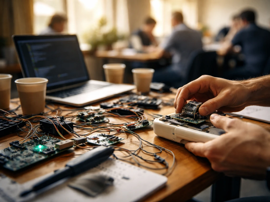 Maker team workspace with prototype parts and a laptop, symbolizing rapid startup progress to early sales.