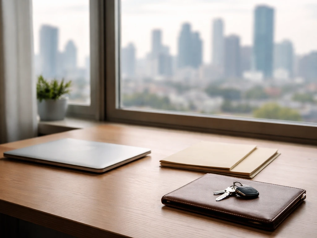 Simple photo of a film production office desk with a laptop and a blurred city skyline suggesting company valuation.