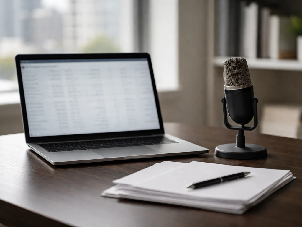 Minimal photo of a finance desk with microphone, laptop, and scattered documents suggesting private media valuation