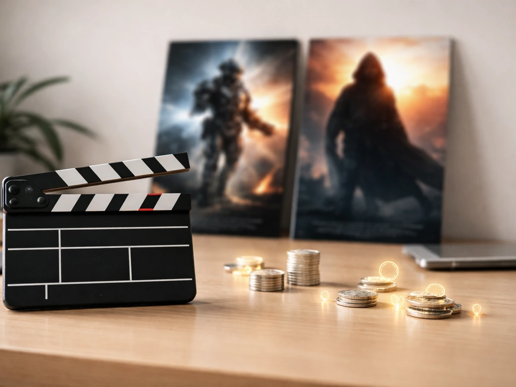 Film rights catalog scene with a clapperboard, movie posters, and royalty stream symbols on a desk