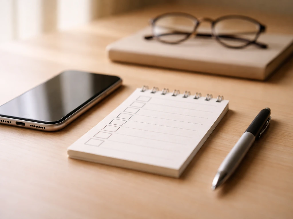 Minimal photo of a desk with blank checklists and a smartphone, conveying source trust and skepticism.