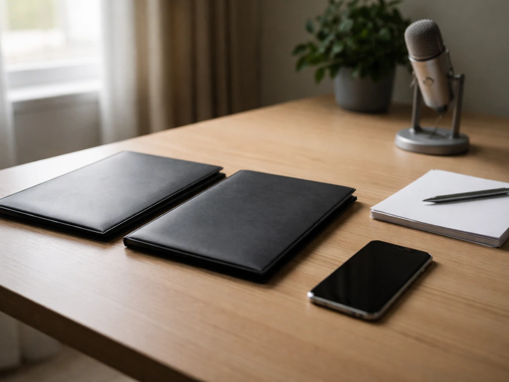 Minimal office desk with two folders and a phone, symbolizing differing net worth estimates without showing any person.