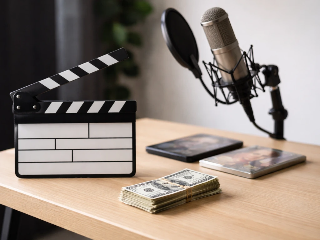 Minimal studio desk with film clapperboard, TV-style microphone stand, and scattered cash notes as wealth symbols