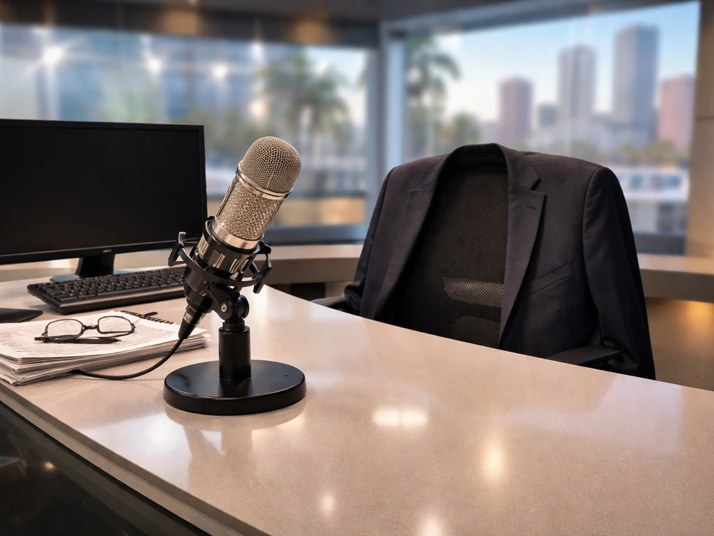 Tampa media newsroom scene with a suited anchor desk setup suggesting a journalist and net worth coverage