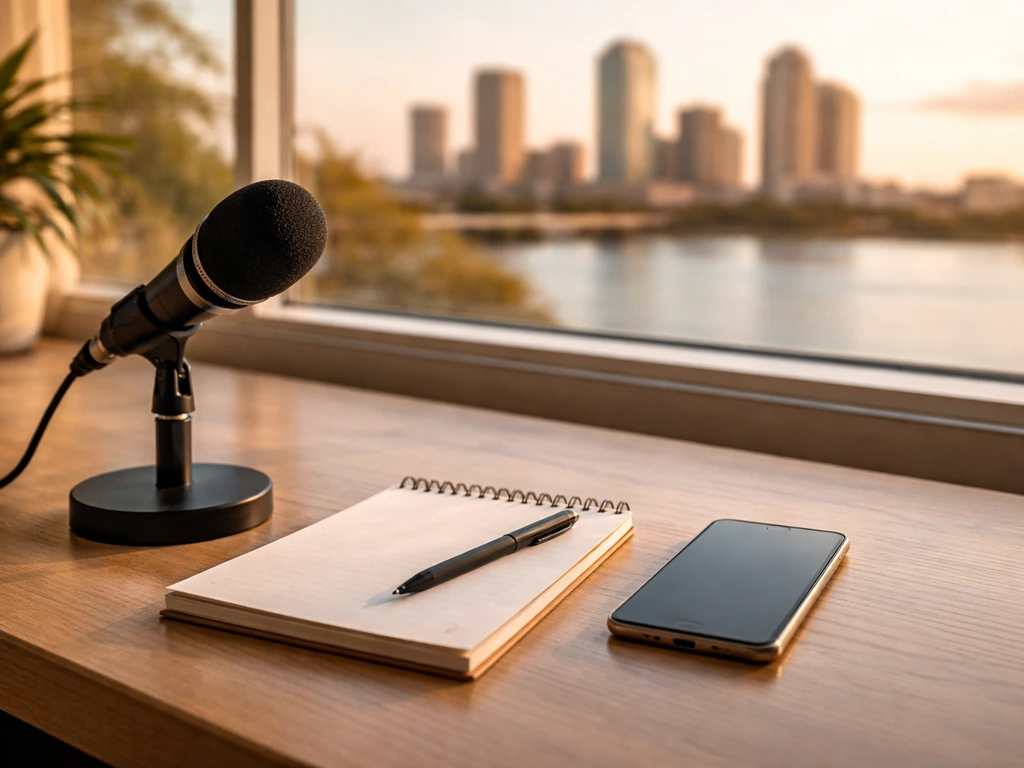 Minimal photo of a Tampa-style media newsroom desk with a microphone and smartphone, evoking journalism and finance.