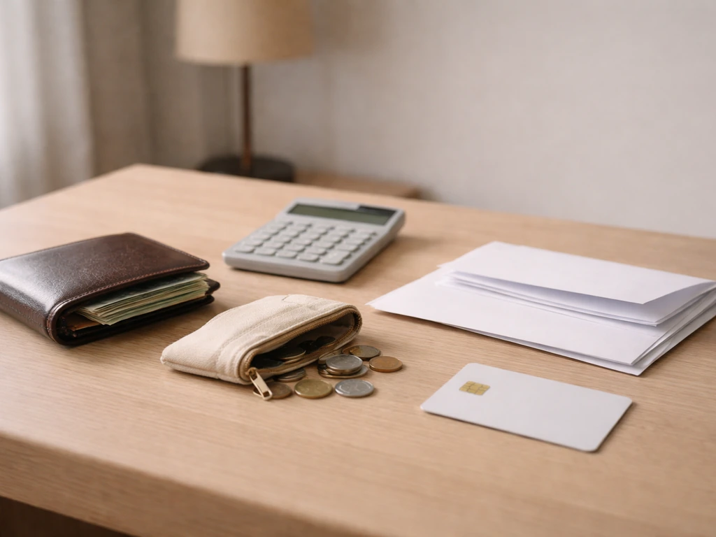 Minimal desk scene symbolizing net worth: money pouch, calculator, and envelope beside a credit card