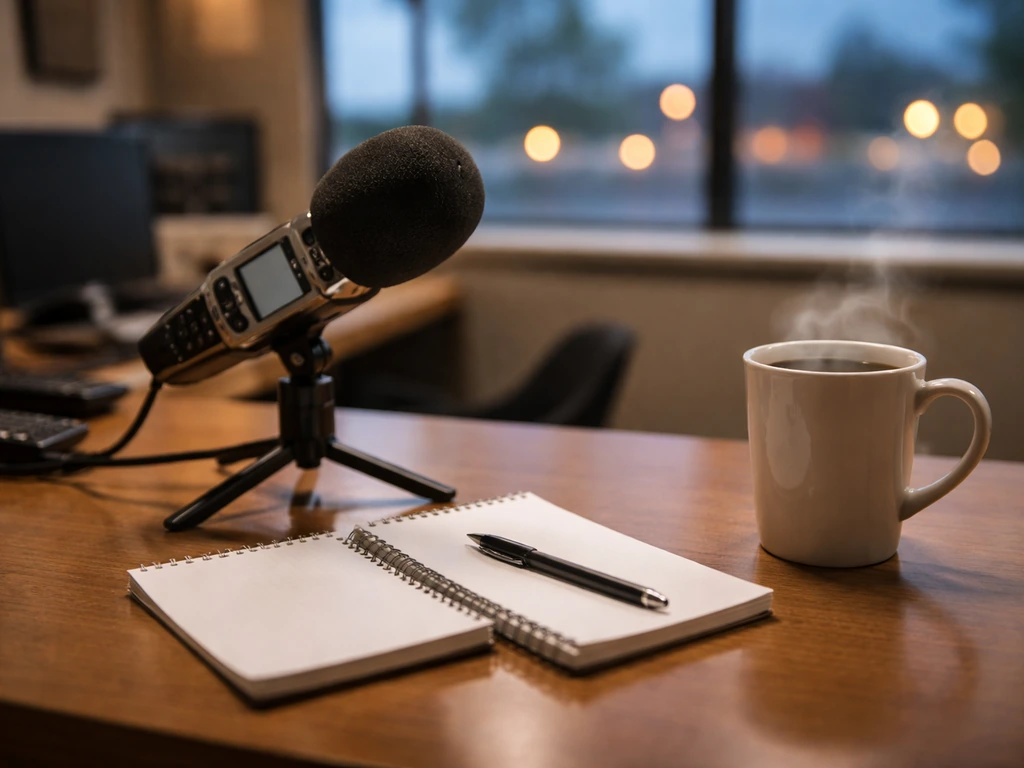 Small newsroom desk with field recorder, microphone, and blank notepads in soft daylight.
