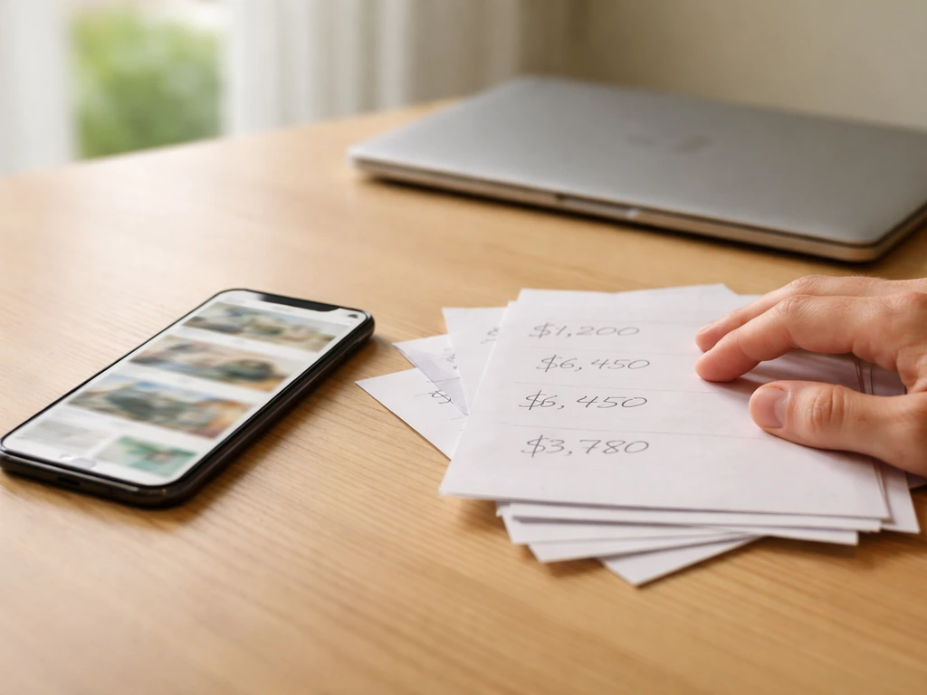 Minimal desk scene with scattered printed pages showing different currency amounts and a phone feed, no names or logos.