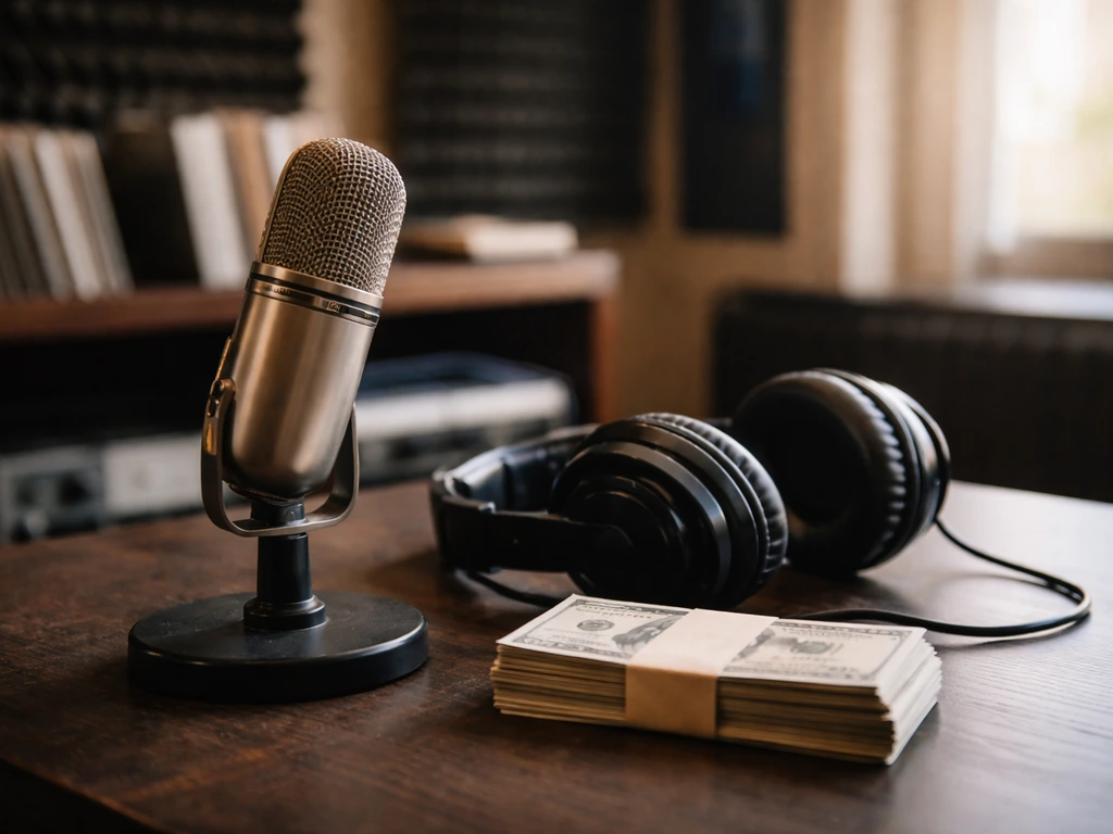 Minimal studio scene with a microphone, vinyl records, and a small stack of cash symbolizing a hip-hop artist’s net wort