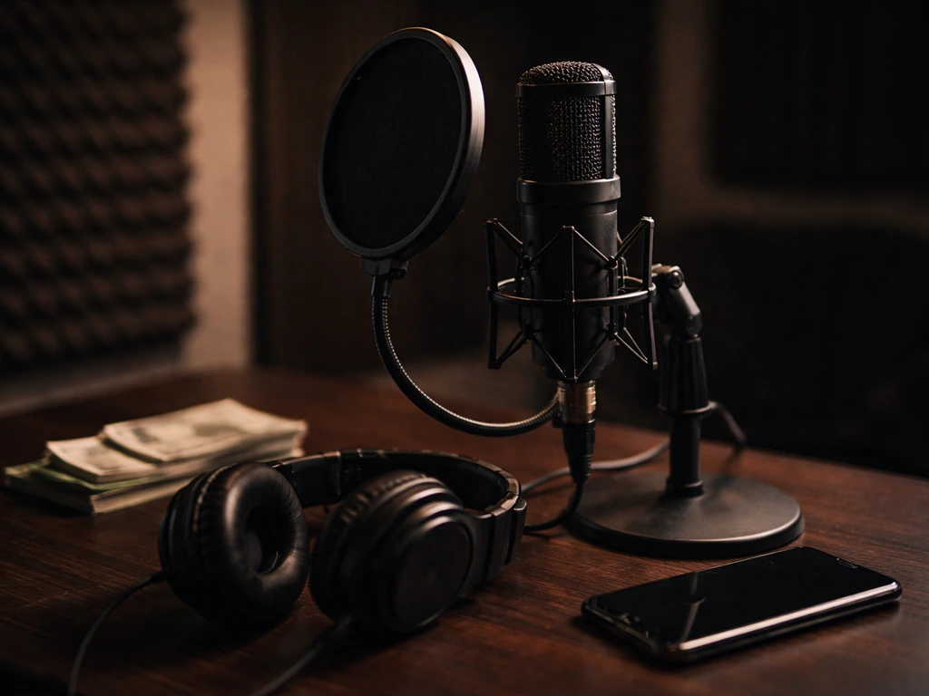 Close-up of a studio microphone and headphones with minimal cash symbolism in a recording booth.