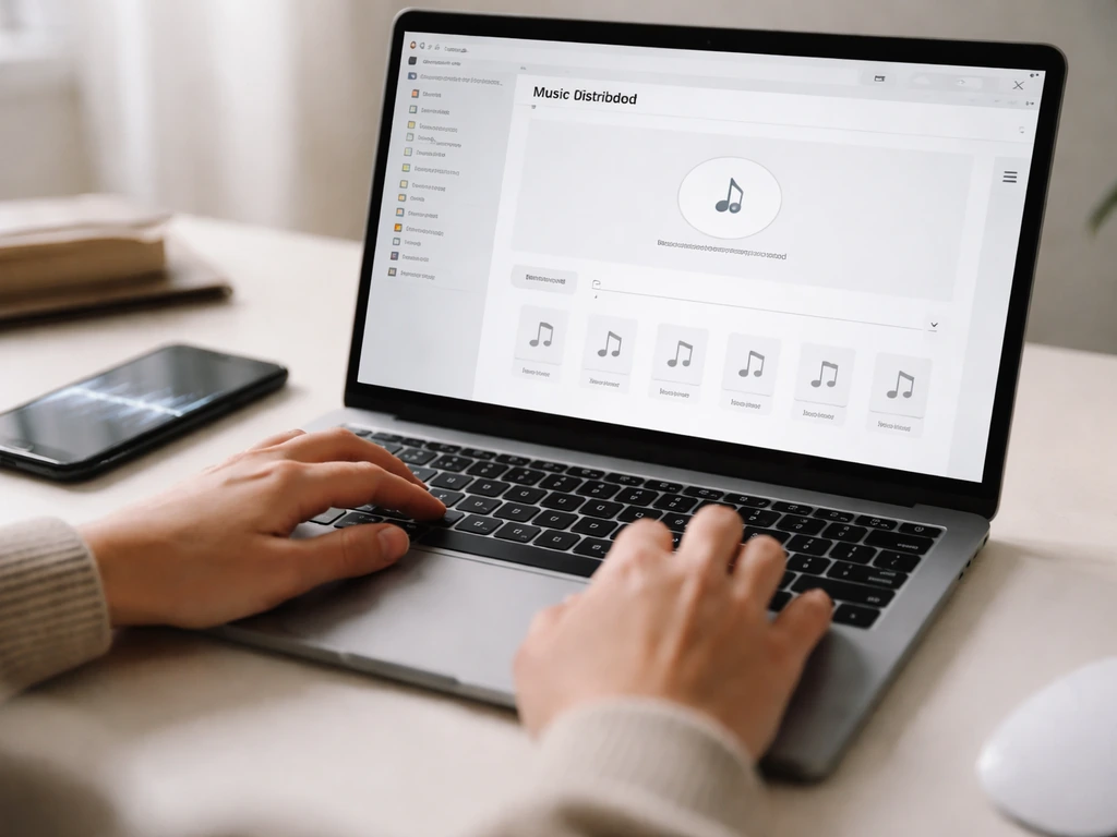 Close-up of hands using a laptop upload dashboard concept with ready-to-distribute music files.