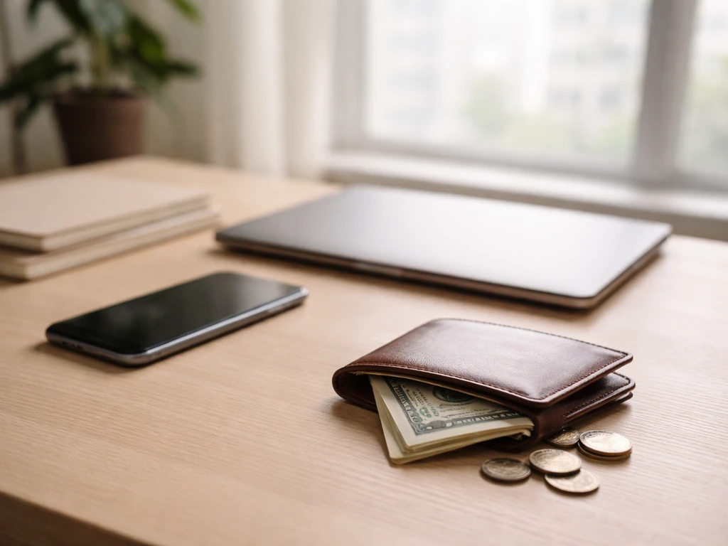 Minimal studio desk with smartphone, laptop, wallet, coins, and daylight—symbolic of financial growth milestones