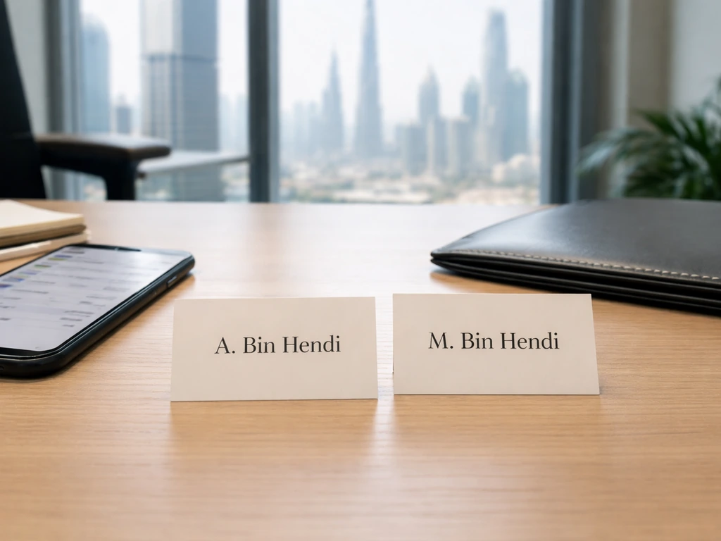 Minimal office desk with blurred contacts and two similar name cards to suggest identity sorting.