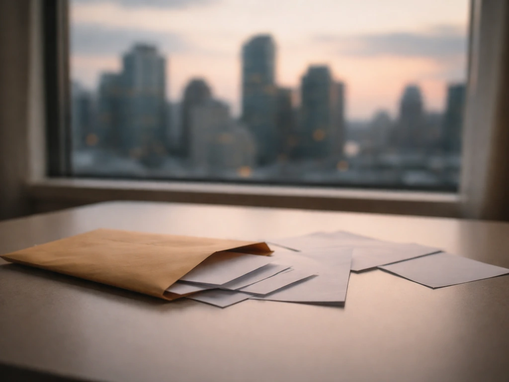 Uncertain financial estimate concept: blurred city office window and a spread of envelopes, no identifiable people