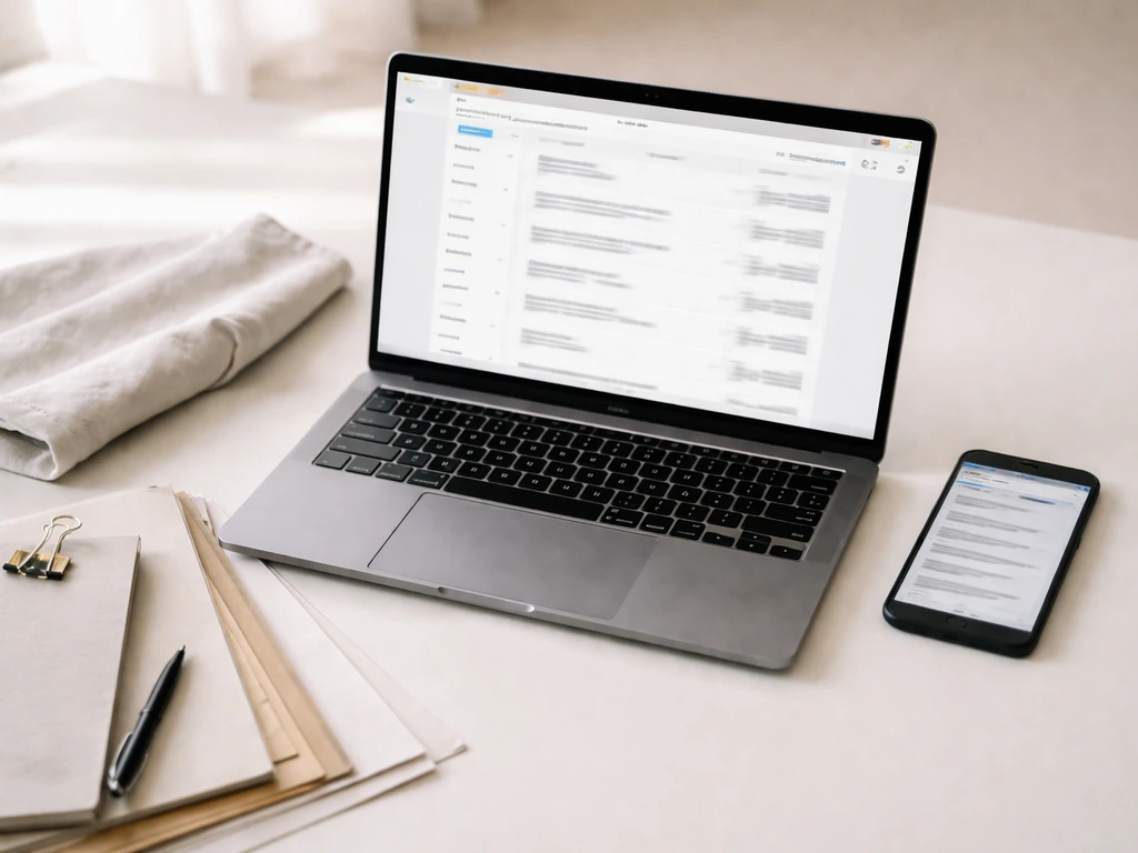 Minimal desk scene with blurred laptop and documents suggesting verification of a UAE company listing.