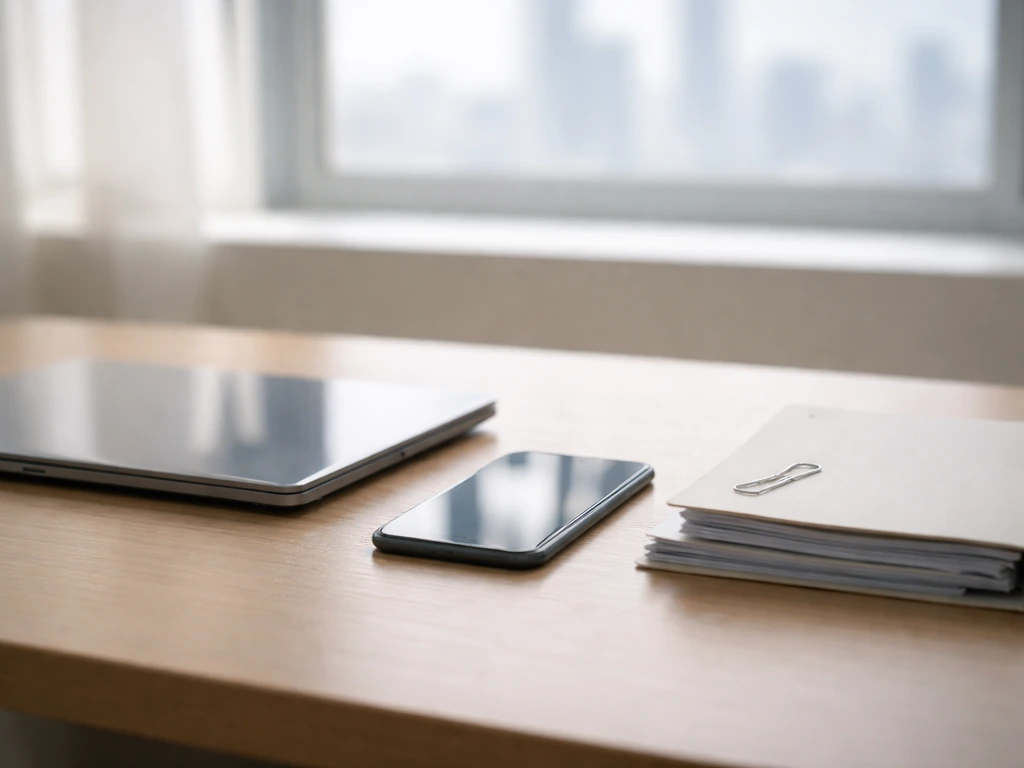 Minimal office desk scene with three unlabeled items suggesting different meanings of “net worth.”
