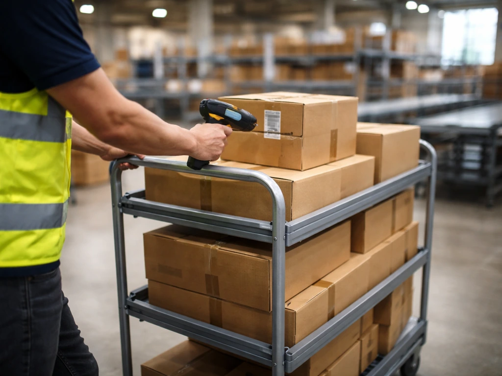 Warehouse worker using a handheld scanner near a picking cart loaded with boxed parcels