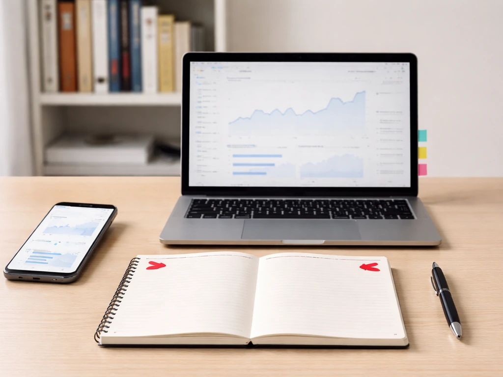 Minimal office desk with laptop and finance dashboard cues, symbolizing tracking key financial signals.