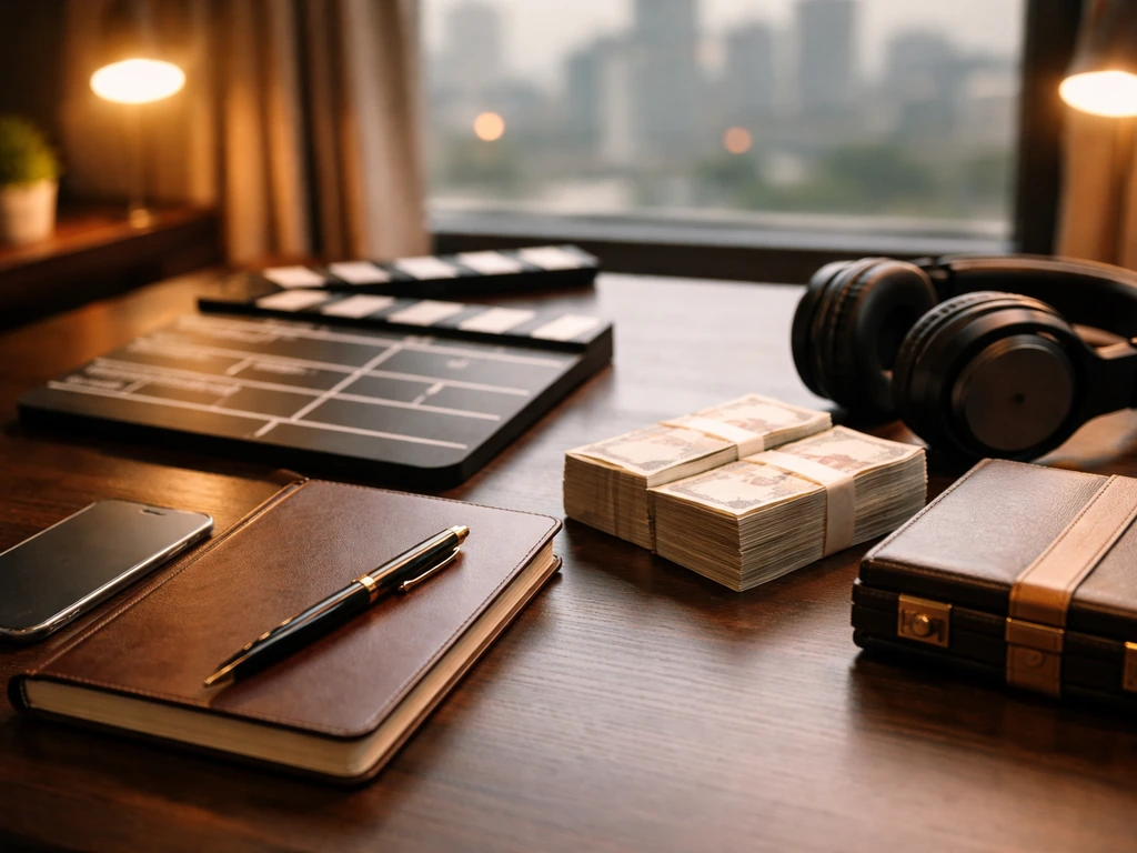 Minimal office scene with film-industry vibe and symbolic wealth items for net-worth estimation topic.