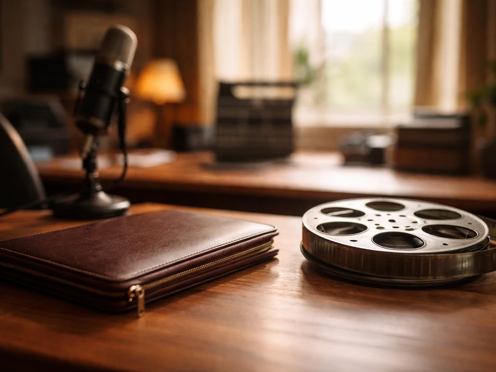 A film studio desk with a film reel and microphone, symbolizing media career and wealth interest.