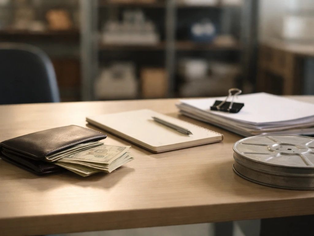 Minimal studio desk with scattered cash, a notebook, and a blurred film reel symbolizing net-worth inputs.