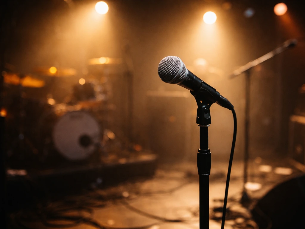 Close view of a stage microphone with blurred band in warm concert lights, audience perspective.