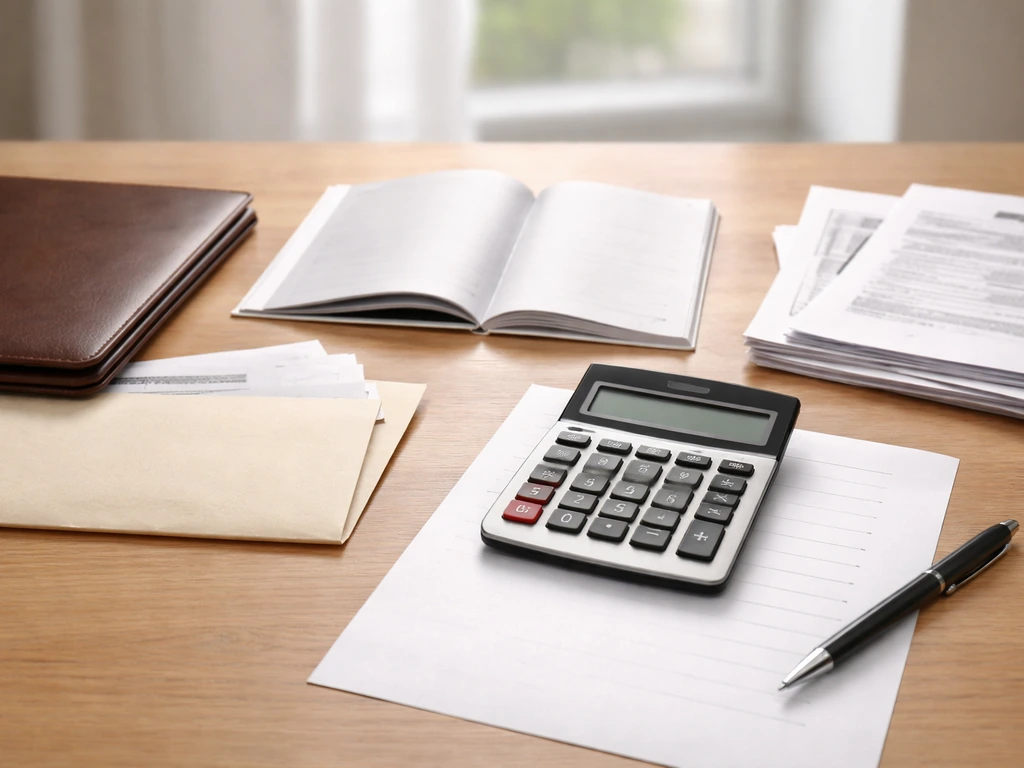 Close-up of calculator and blank bank/investment paperwork on a desk, symbolizing assets minus liabilities.