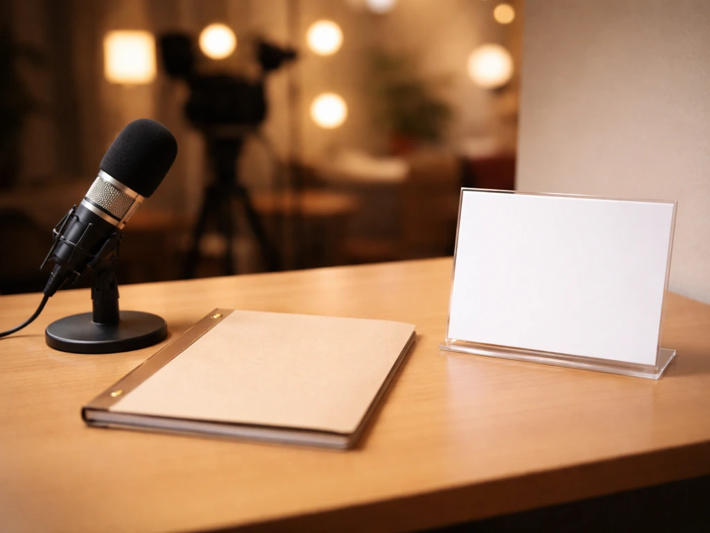 Minimal desk scene with a microphone, script folder, and blank promotional display card.