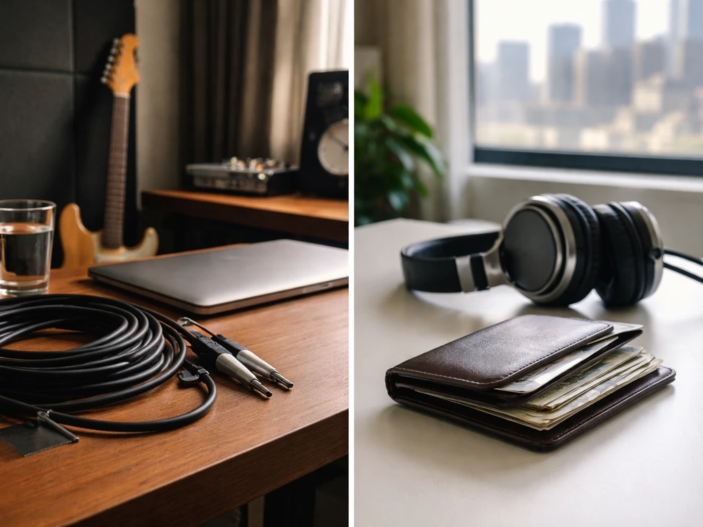 Minimal split-screen studio desk and wallet/cash on a table symbolizing band net worth meanings.