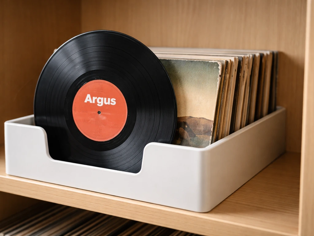 Close-up of a vinyl record and stacked album sleeves in a tidy catalog setting.