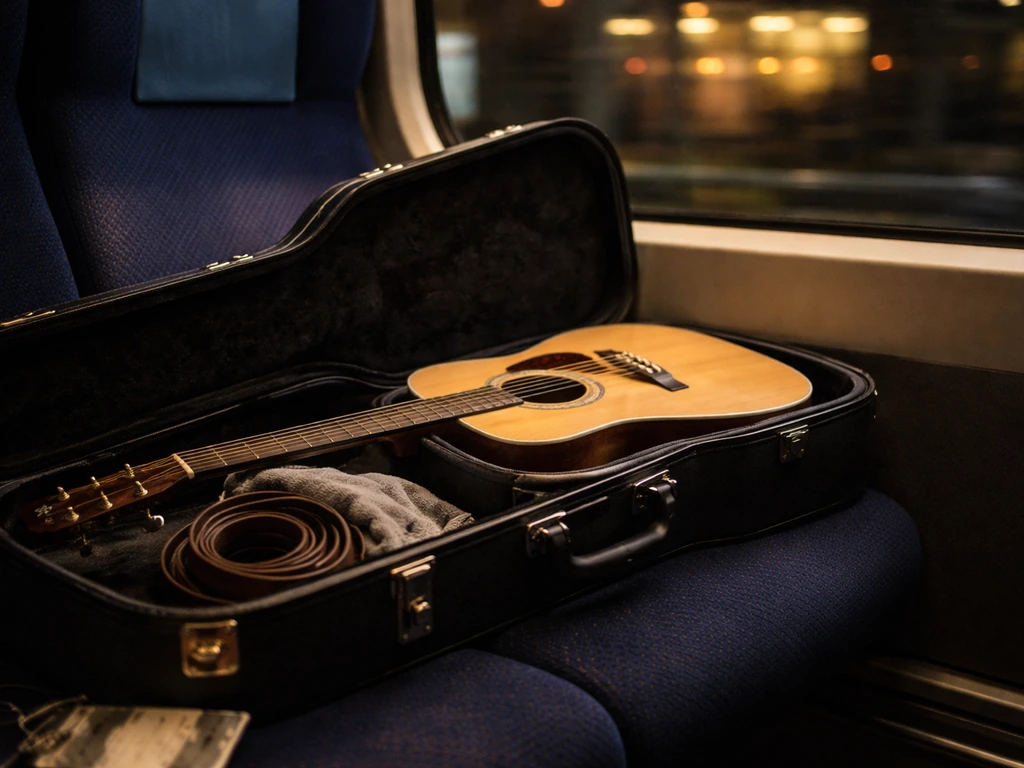 Open guitar road case and tour items on a train seat with night city lights outside.