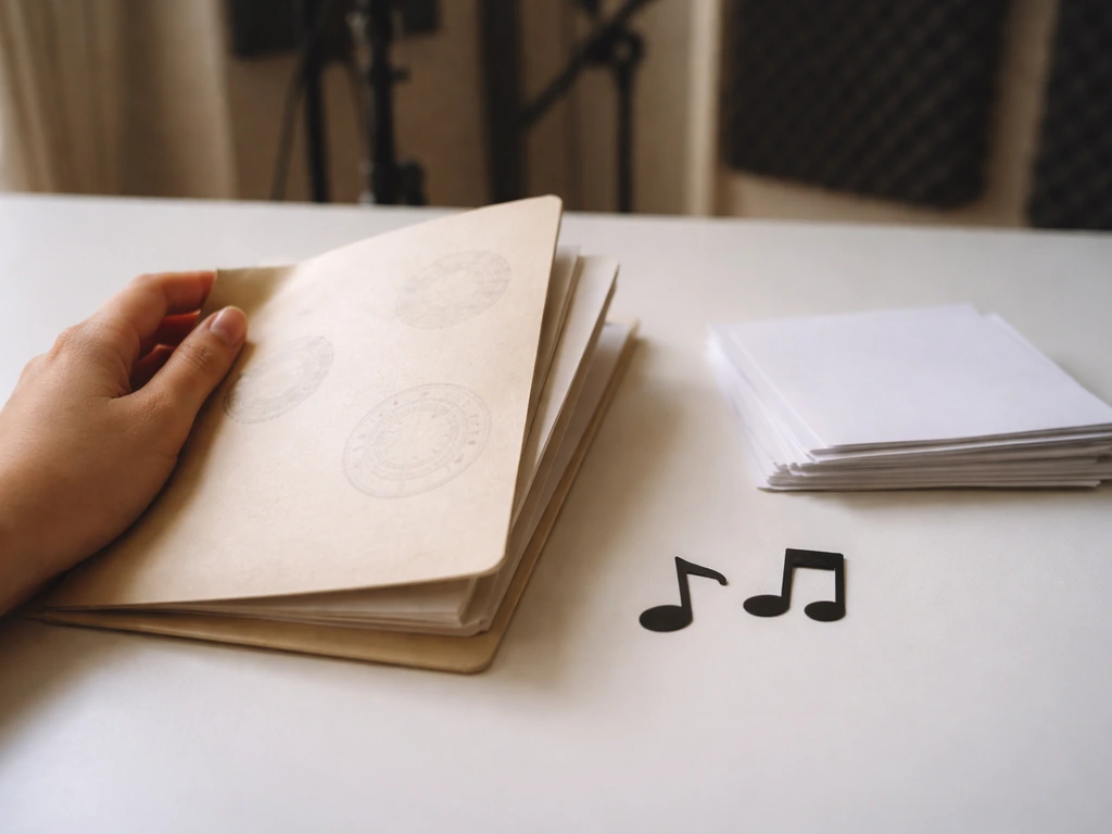 Hand on a desk with generic royalty licensing paperwork and paper music notes in soft studio light