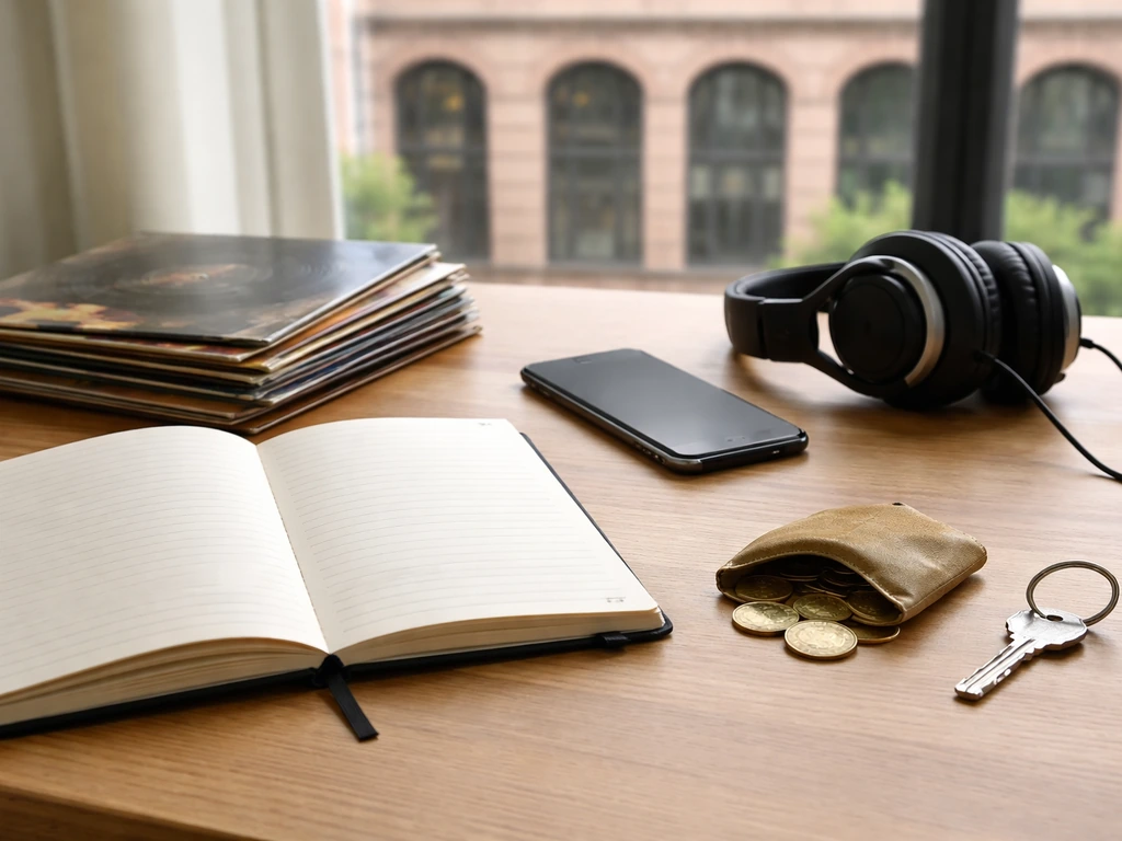 Minimal desk scene with vinyl records, headphones, and money-themed objects symbolizing band wealth drivers.