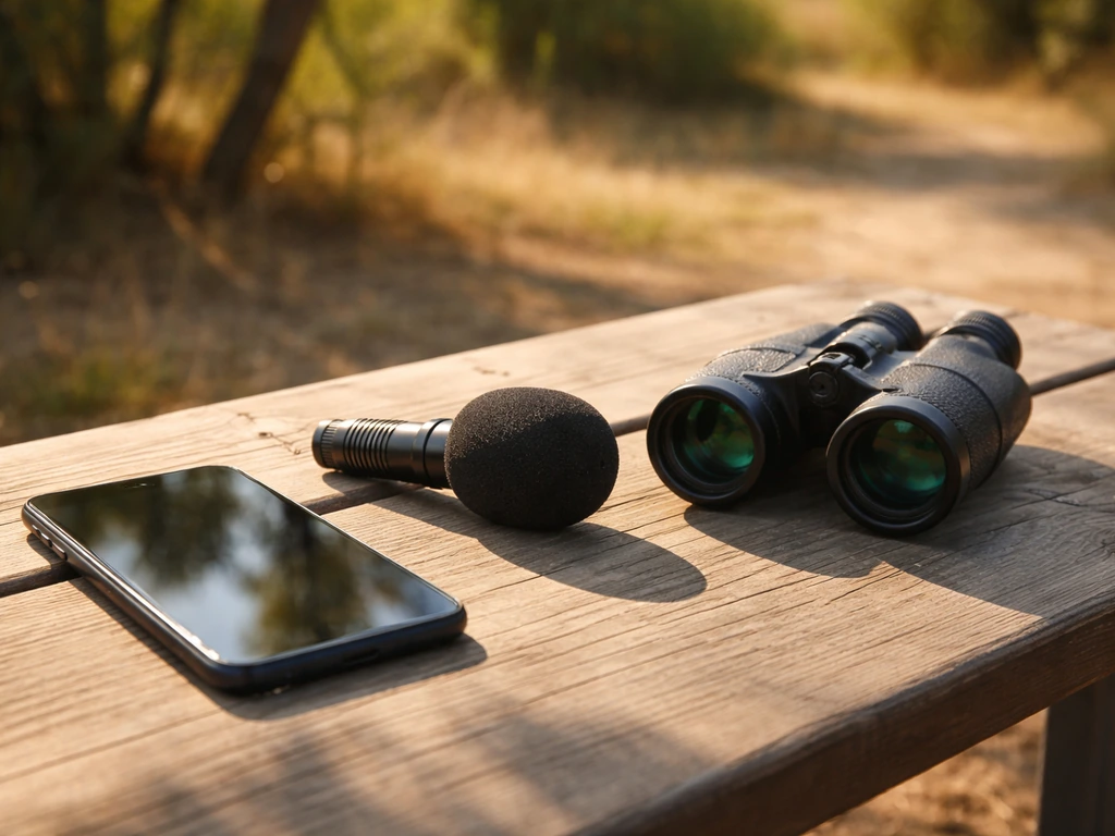Smartphone and microphone on an outdoor table with blurred trees, symbolizing a creator’s content and income.