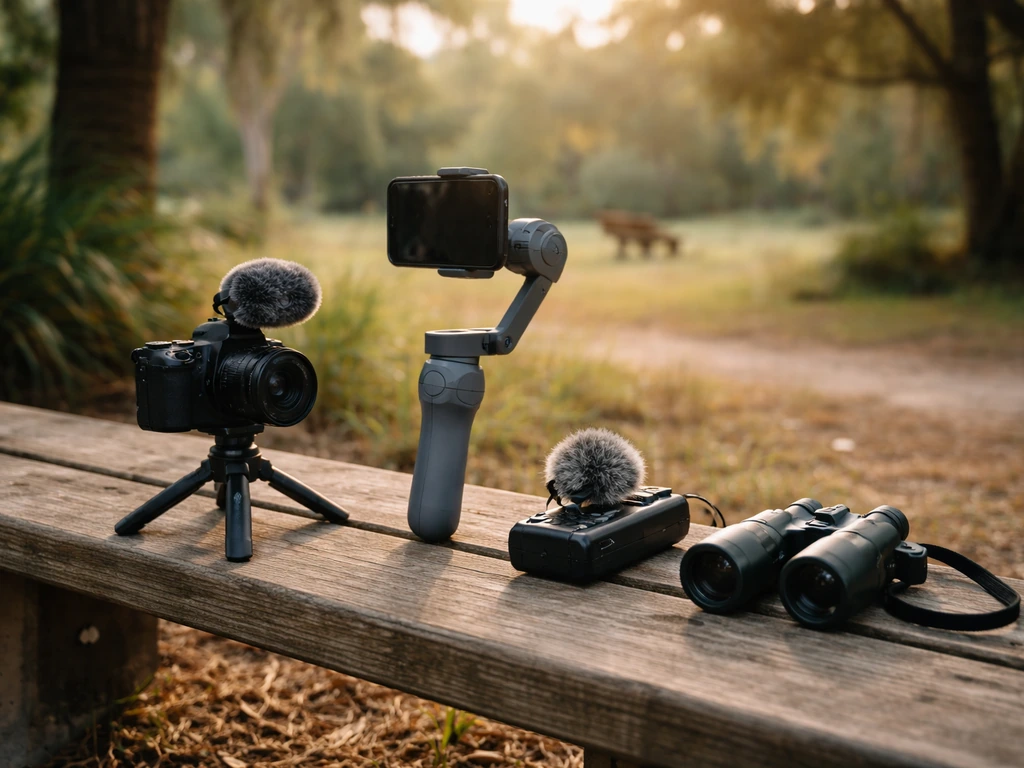 Outdoor content-creator gear and camera setup in a sunlit park with blurred wildlife backdrop.