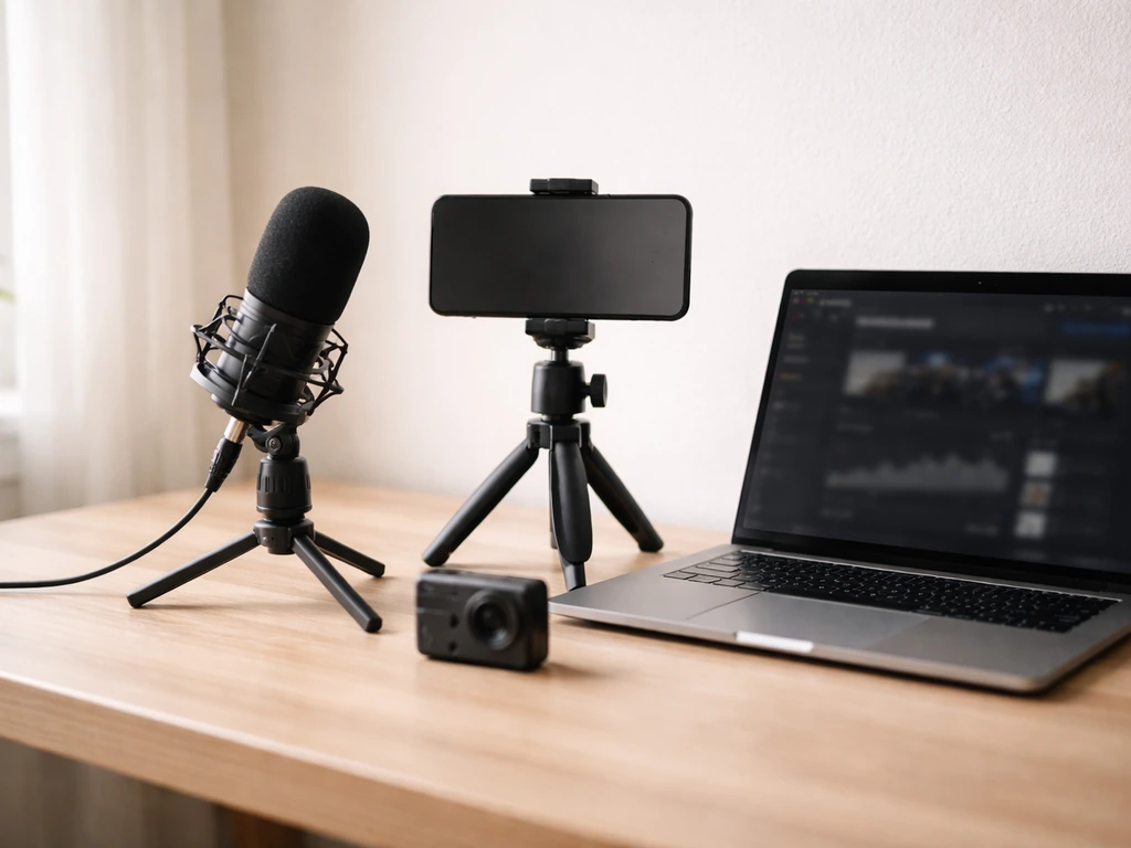 Minimal desk setup for a YouTube creator: mic, tripod with phone, and a dark analytics-style screen.